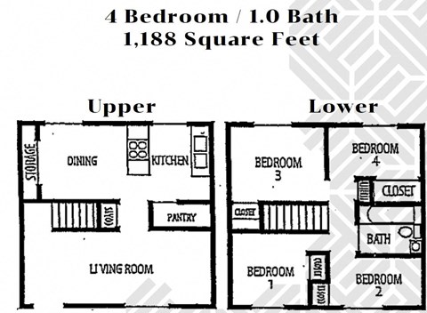 Floor plan for 4 beds, 1 bath, 1188 sqft